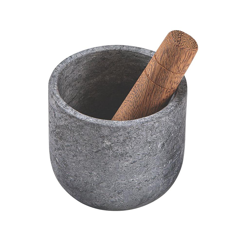 MORTERO DE PIEDRA DE CARBON CON MAZO DE MADERA