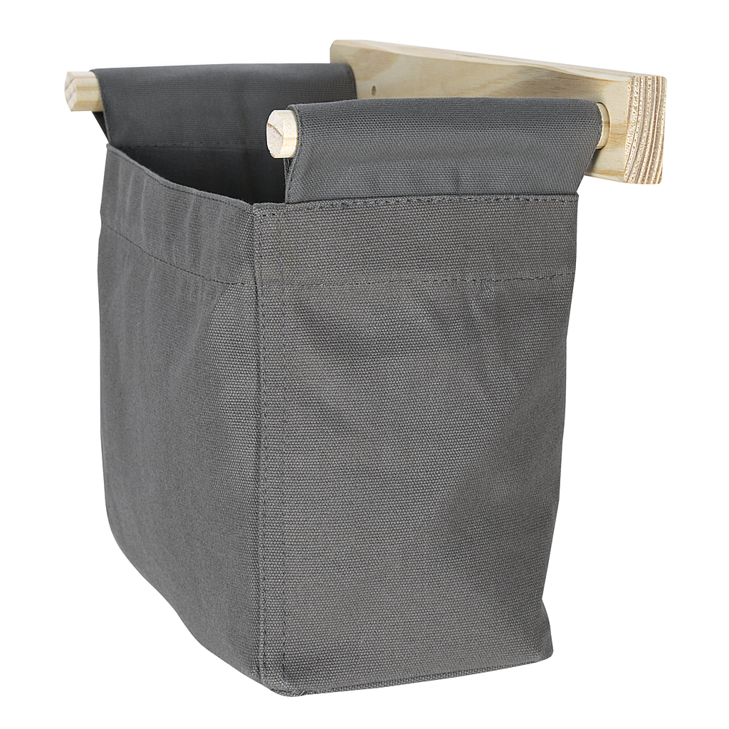 CESTO ORGANIZADOR DE PARED EN LONA GRIS CON SOPORTE DE MADERA