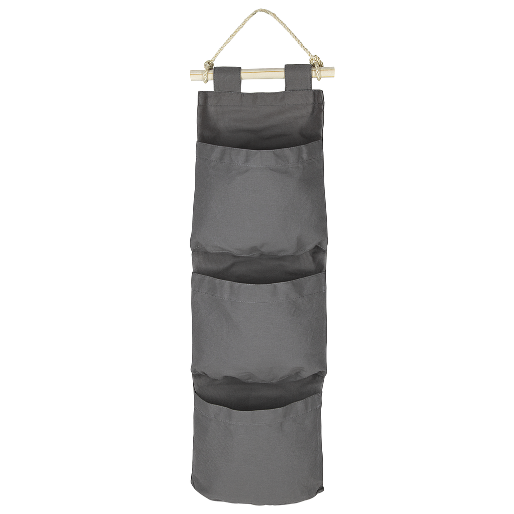 ORGANIZADOR DE PARED EN LONA GRIS CON TRES BOLSILLOS Y CUERDA PARA COLGAR