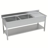 FREGADERO DE ACERO INOXIDABLE CON 2 CUBAS IZQUIERDAS, CON ENTREPAÑO INFERIOR