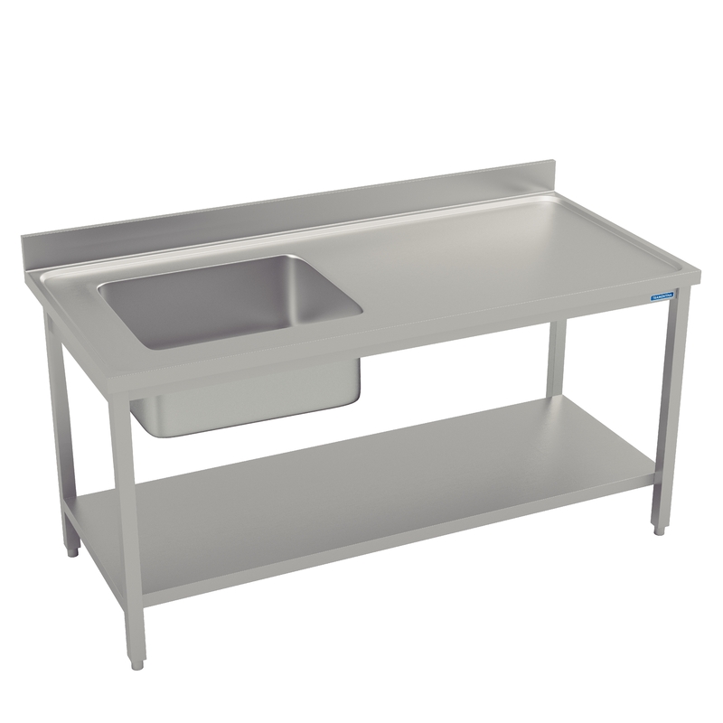 MESA CON CUBA A LA IZQUIERDA EN ACERO INOXIDABLE TRAMONTINA CON REBAJO Y ESTANTE INFERIOR 1500X700MM