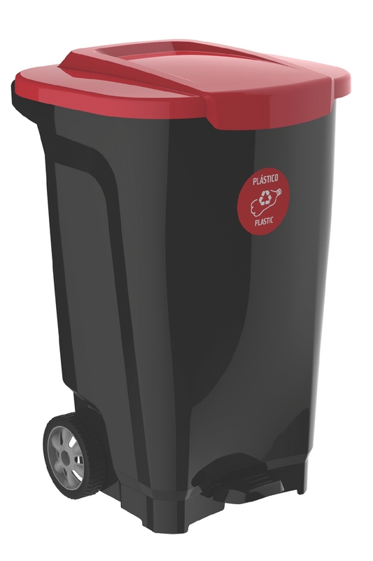 BASURERO 100 L CON RUEDAS NEGRO TAPA ROJA T-FORCE