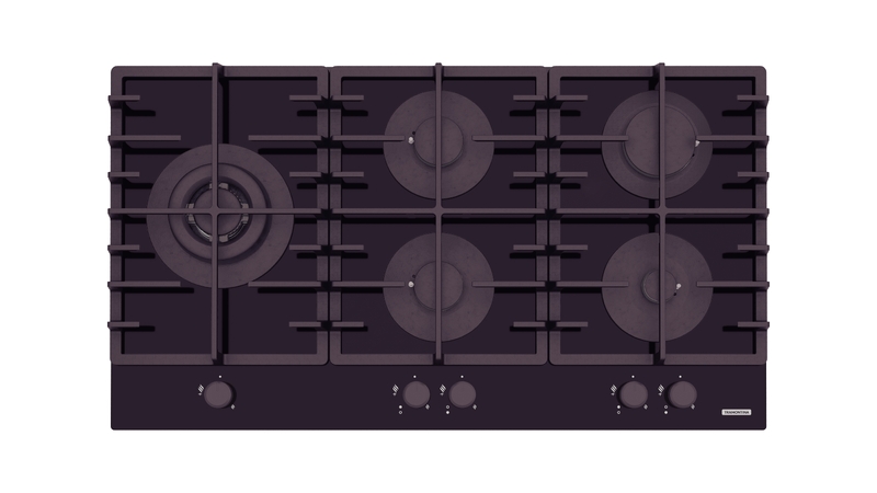PLACA DE COCCION A GAS GLASS PENTA PLUS 5GG TRI HE, EN VIDRIO TEMPLADO, REJILLAS DE HIERRO FUNDIDO, PRIME