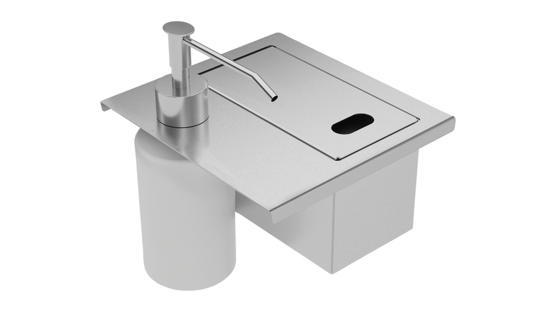 SOPORTE EN ACERO INOX PARA ESPONJA CON TAPA Y DISPENSADOR PARA CANALES HUMEDOS