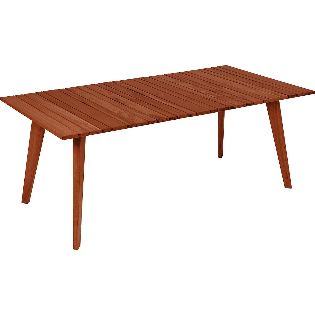 MESA RECTANGULAR 6 LUGARES TOSCANA DE MADERA MUIRACATIARA ACABADO ECOCLEAR PARA EXTERIOR 192,6X100 CM.