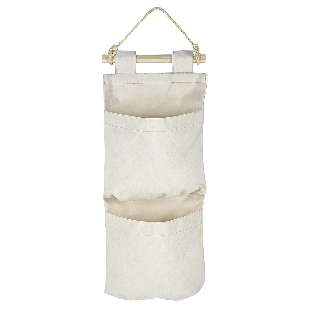 ORGANIZADOR DE PARED EN LONA NATURAL CON DOS BOLSILLOS Y CUERDA PARA COLGAR