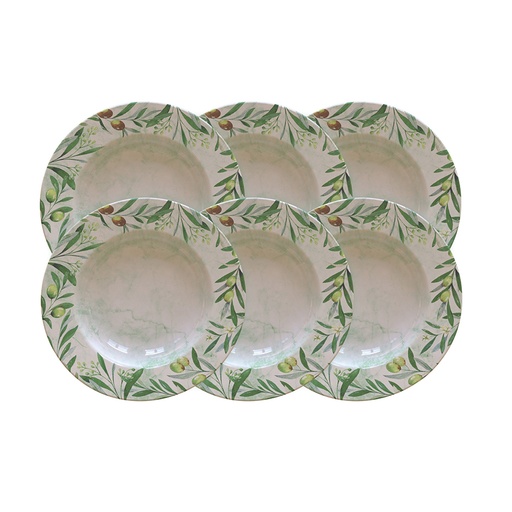 [96950012] JUEGO DE PLATOS HONDOS EN PORCELANA 6 PIEZAS Ø23 CM. OLIVA