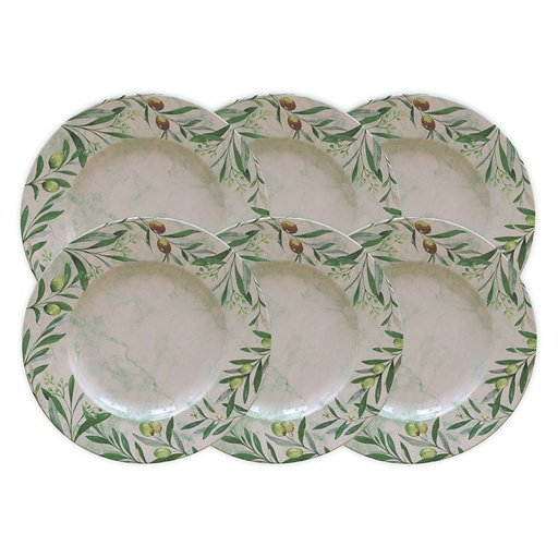 [96950010] JUEGO DE PLATOS RASOS EN PORCELANA 6 PIEZAS Ø28 CM. OLIVA